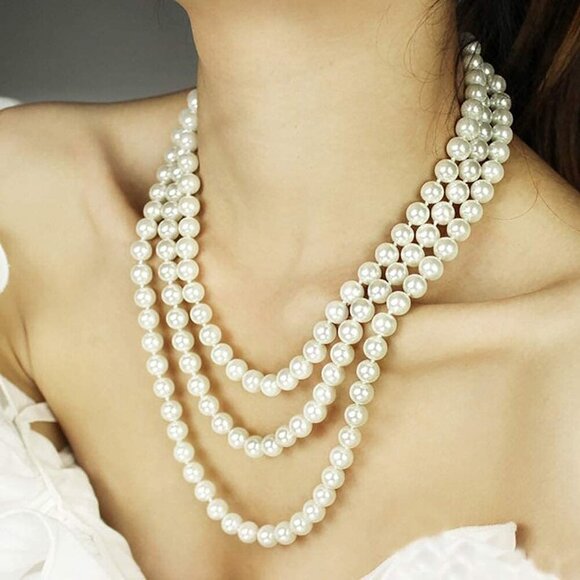 YALLNASL Faux Pearl Necklaces for Women Long Pearl Necklace Costume Jewelry - Picture 6 of 7